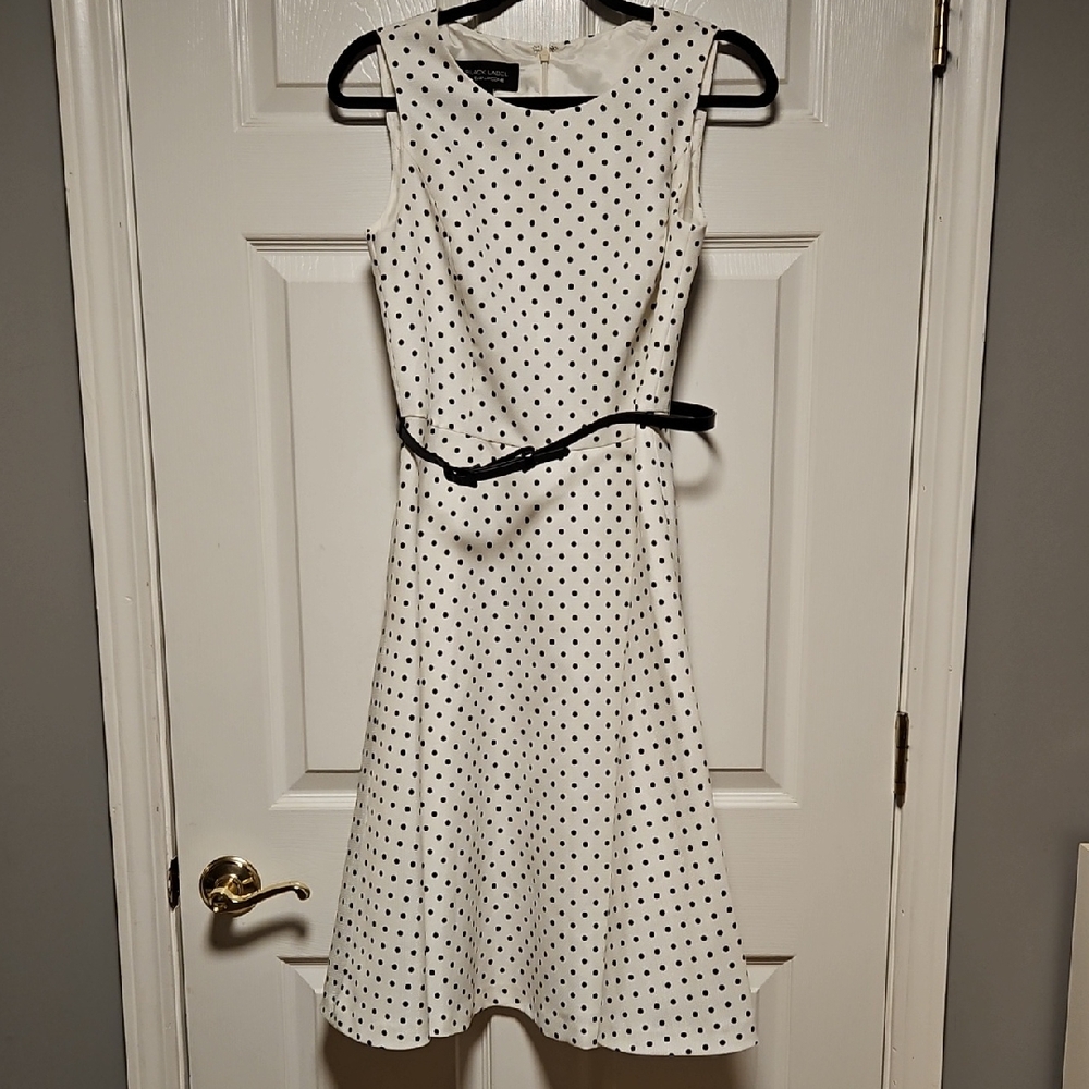 Evan-Picone Classic Polka Dot Sleeveless A-Line Dress with Black Belt